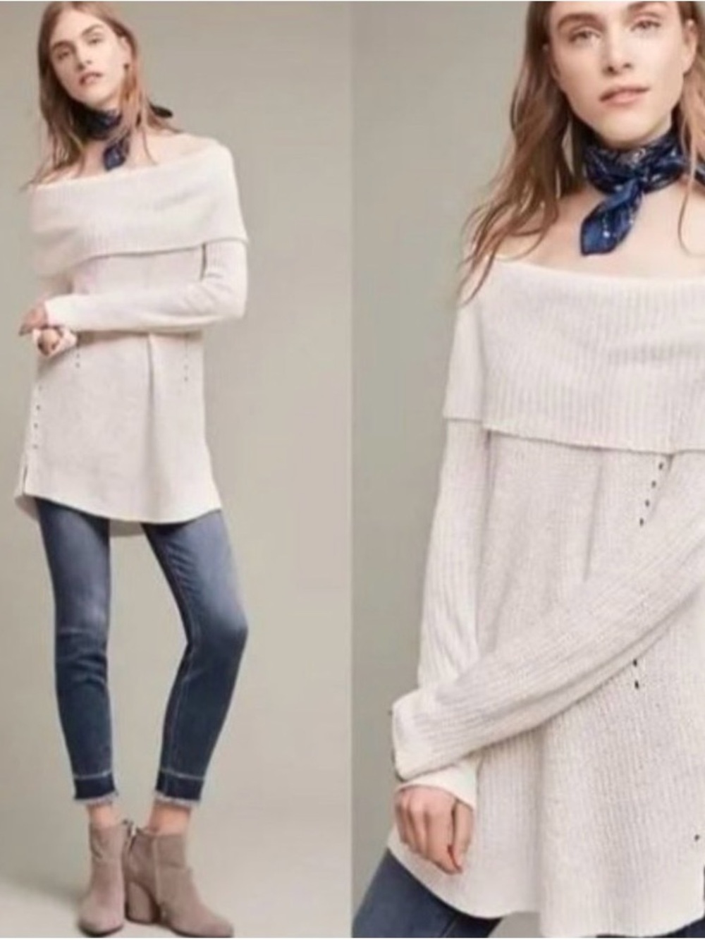 Anthropologie Moth Off-the-Shoulder Cream Ivory Boho Open Knit Sweater Large